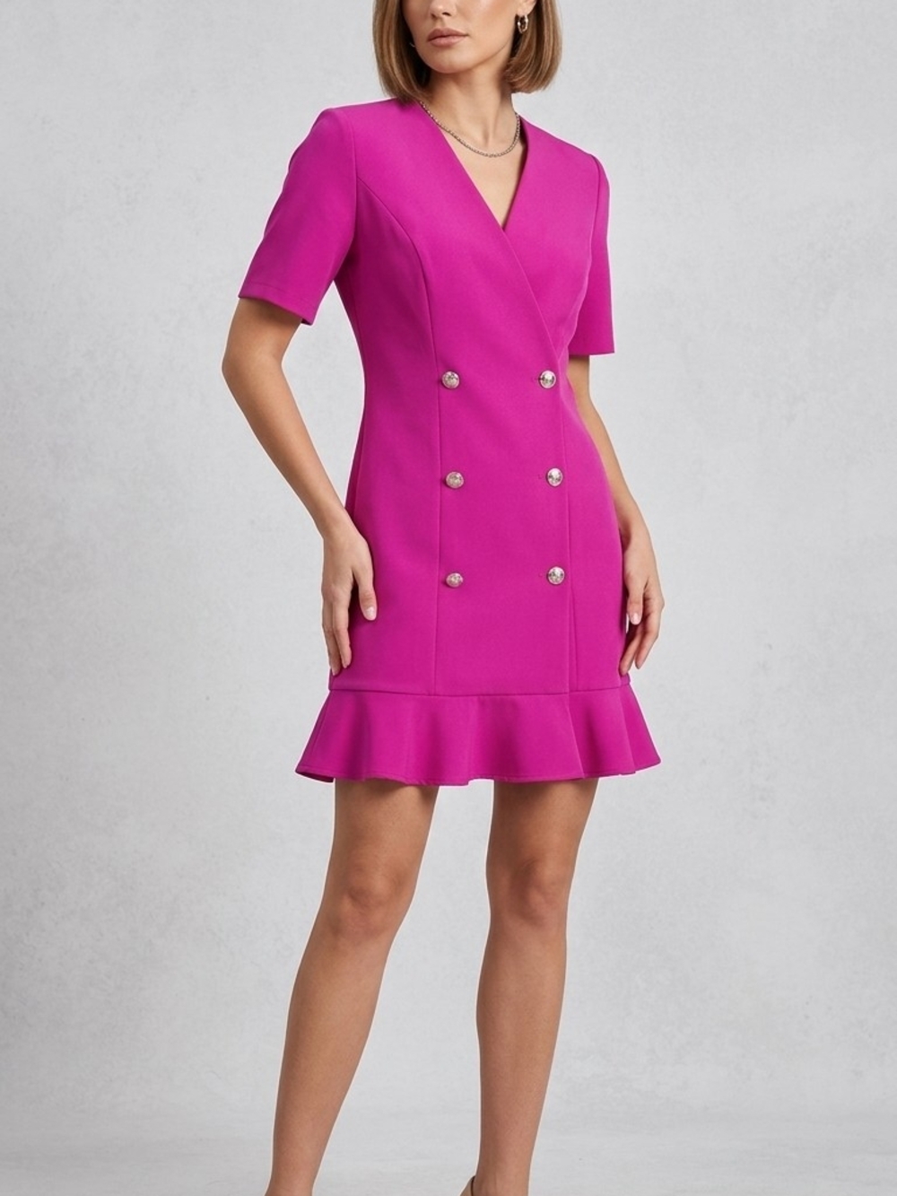 Fuchsia Double-Breasted V-Neck Mini Dress with Ruffle Hem